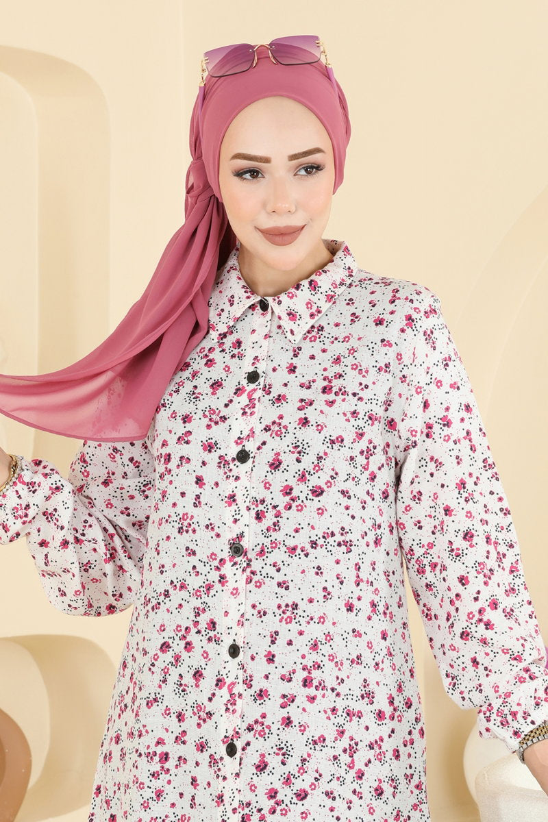 Floral Woven Tunic with Print - Ecru