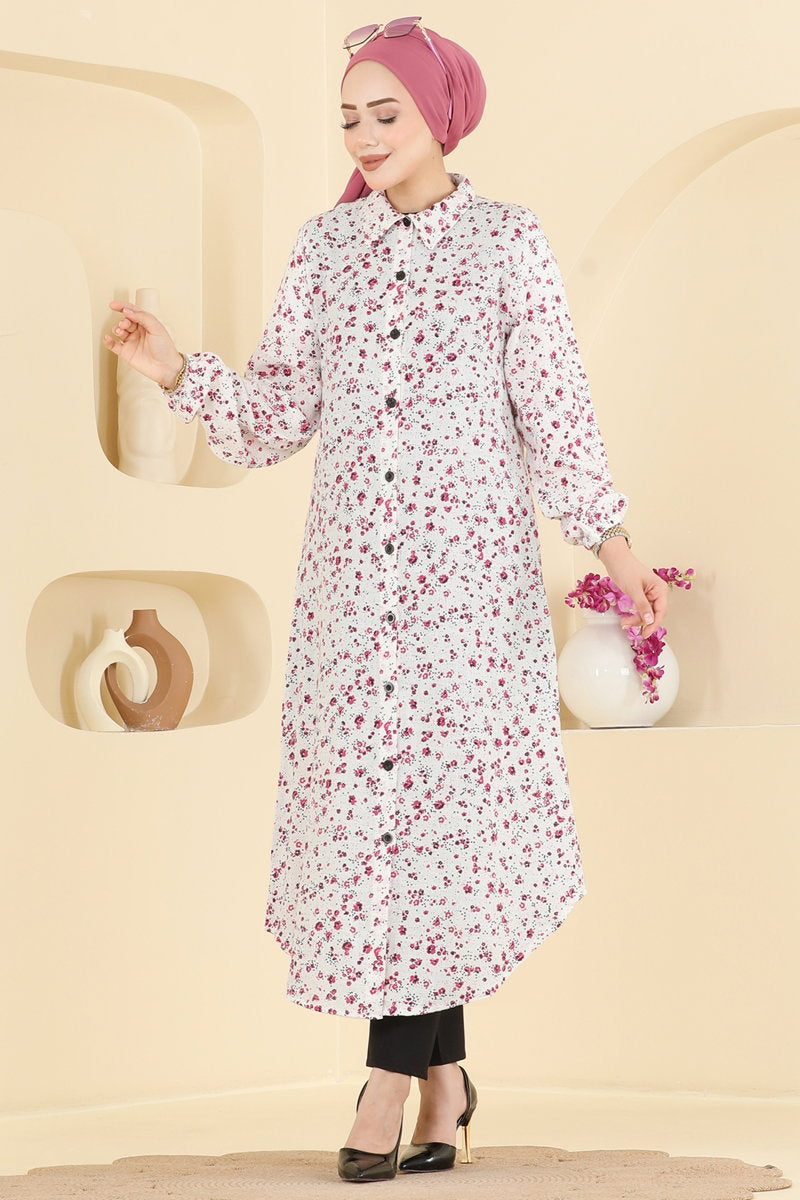 Floral Woven Tunic with Print - Ecru
