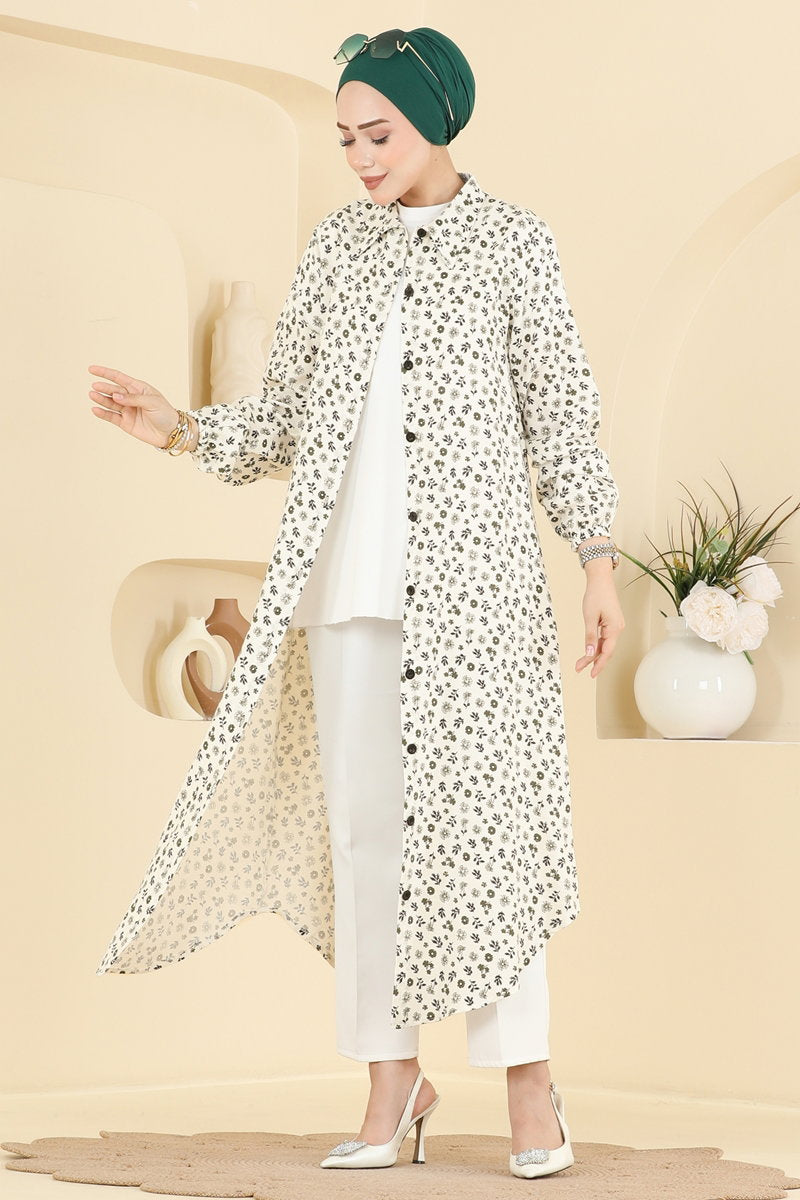 Long Floral Woven Tunic - Ecru