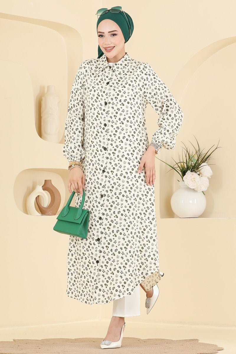 Long Floral Woven Tunic - Ecru