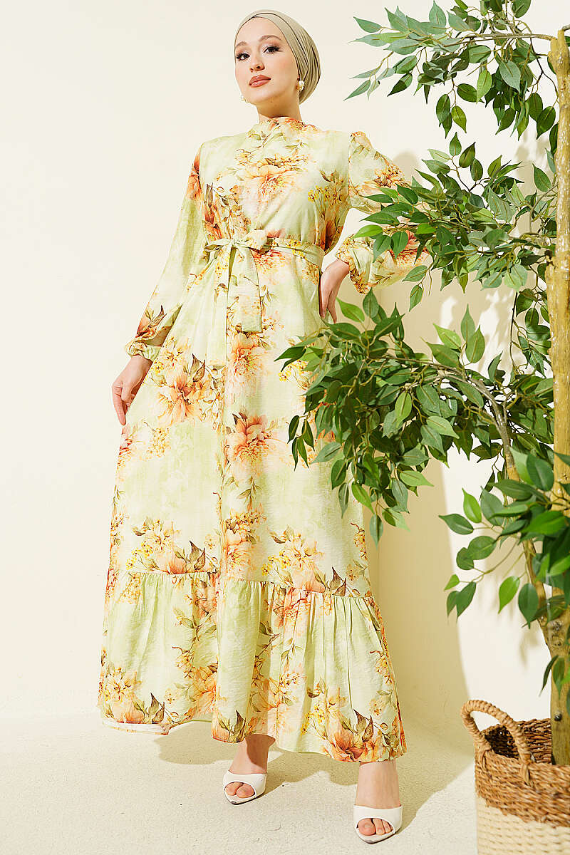 Belted Floral Ruffle Dress - Green