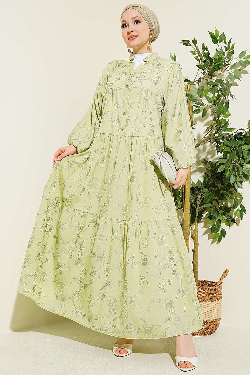 Floral Half-Button Dress - Almond Green