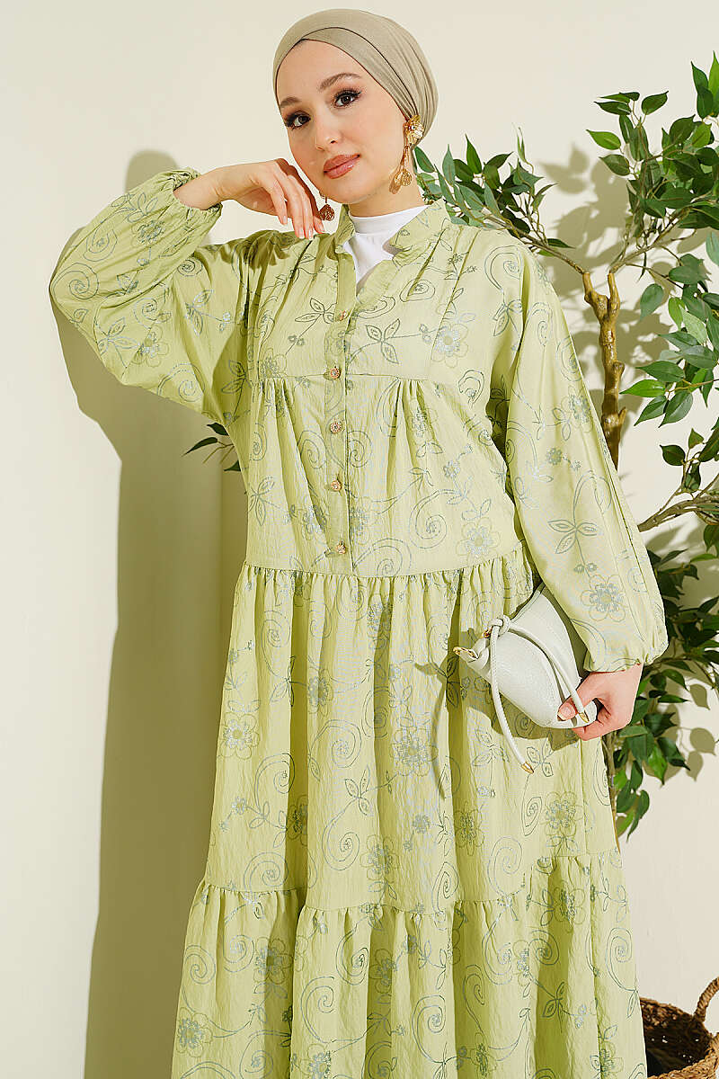 Floral Half-Button Dress - Almond Green