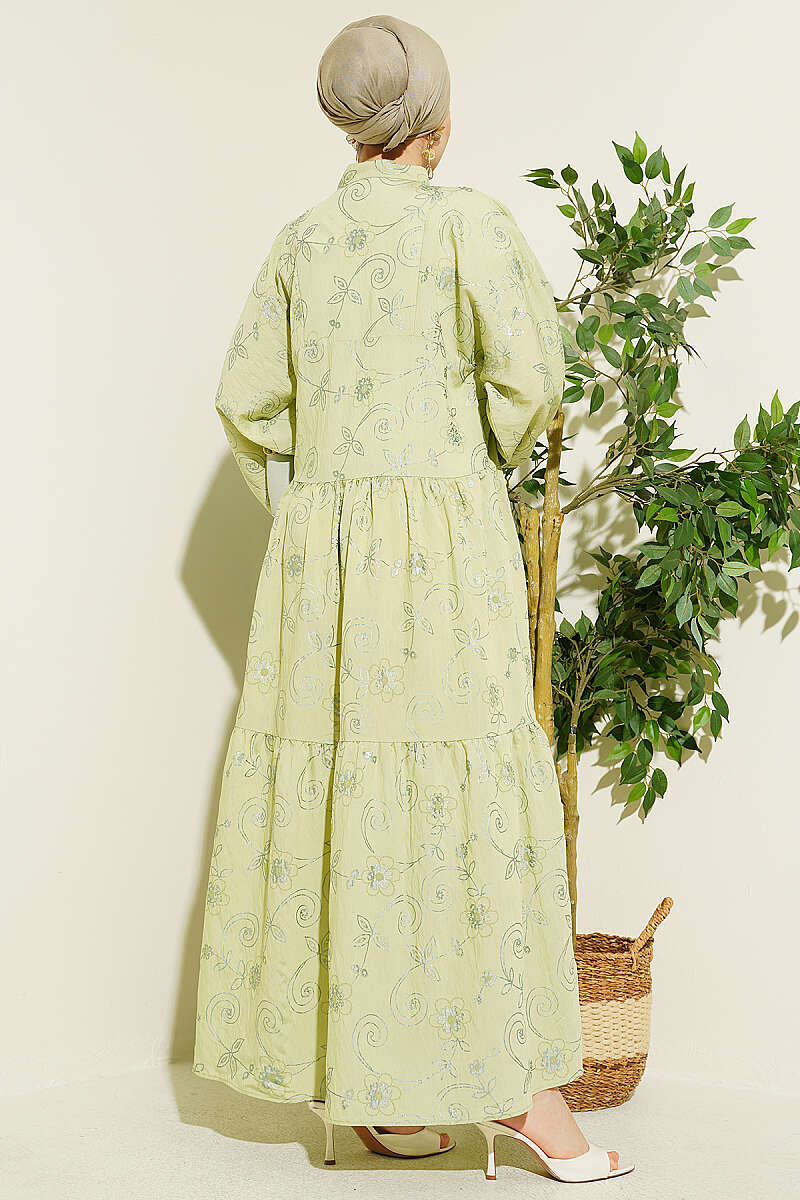 Floral Half-Button Dress - Almond Green