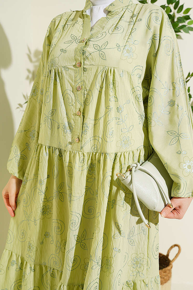 Floral Half-Button Dress - Almond Green