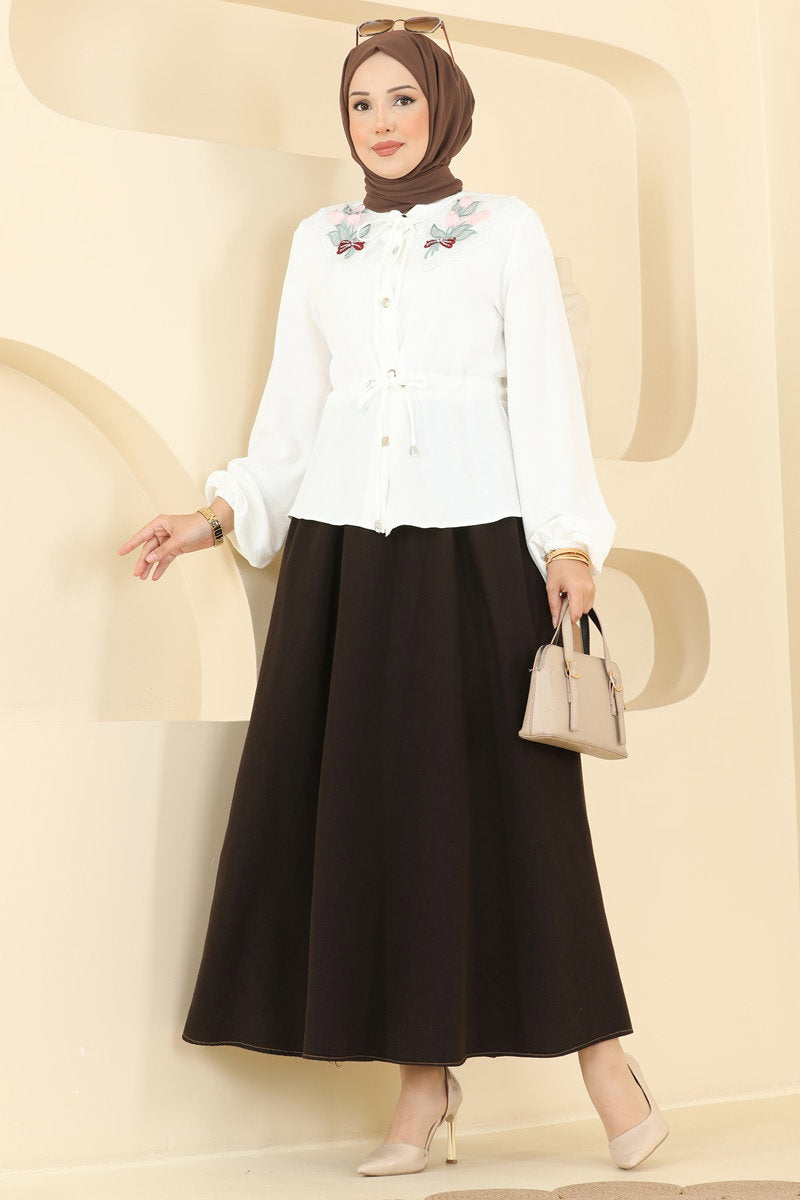 Denim Two-Piece Set with Flower Detail - Brown-Ecru