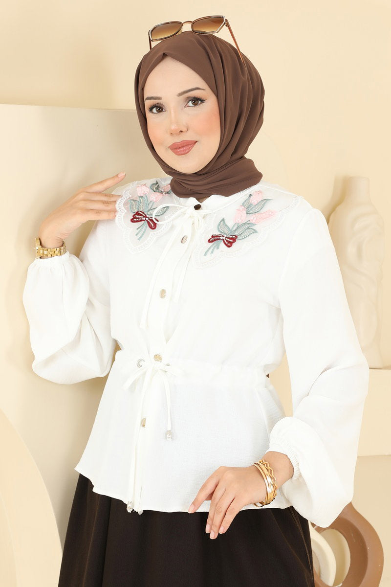 Denim Two-Piece Set with Flower Detail - Brown-Ecru