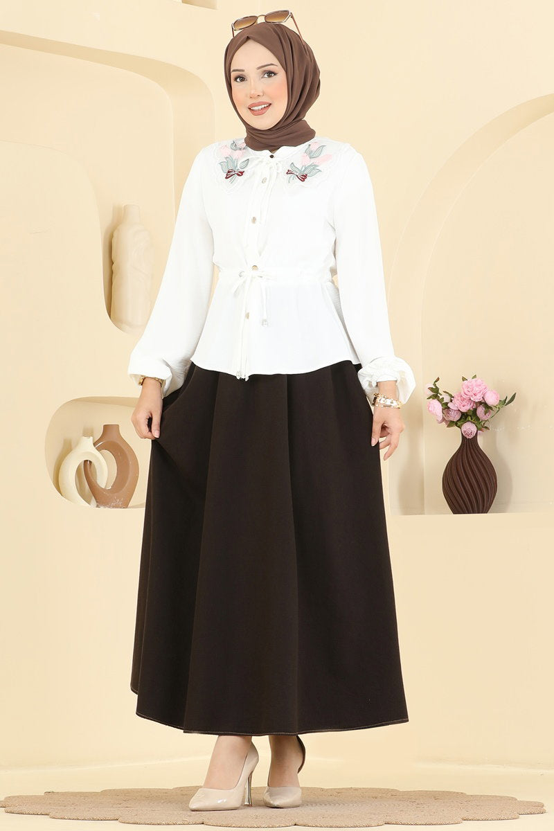 Denim Two-Piece Set with Flower Detail - Brown-Ecru