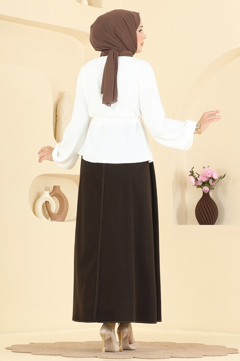 Denim Two-Piece Set with Flower Detail - Brown-Ecru