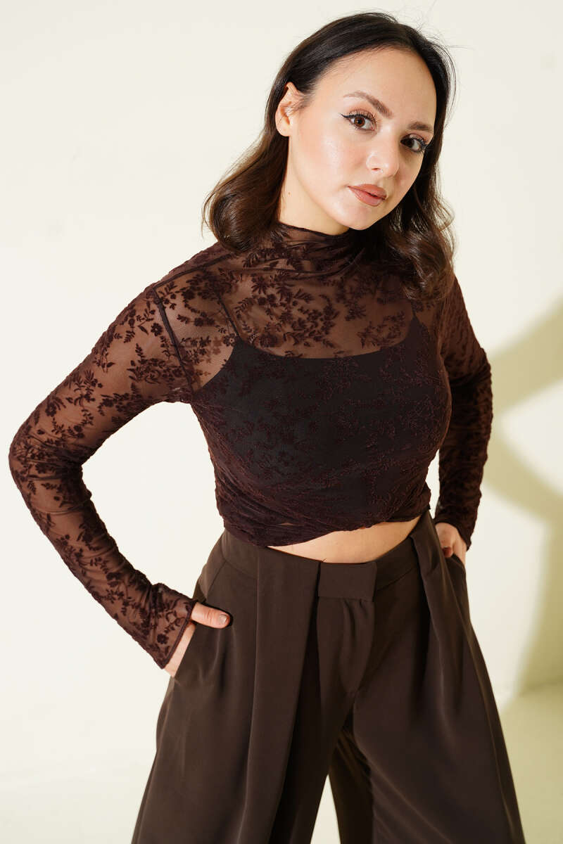 Ruched Tulle Blouse with Floral Detail - Dark Brown