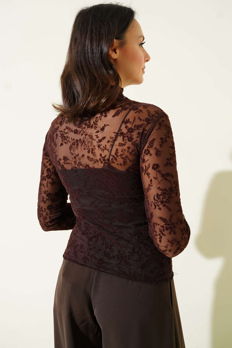 Ruched Tulle Blouse with Floral Detail - Dark Brown