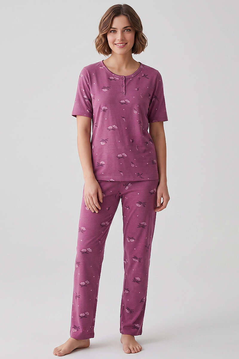 Floral Button Short-Sleeve Pyjama Set - Magenta
