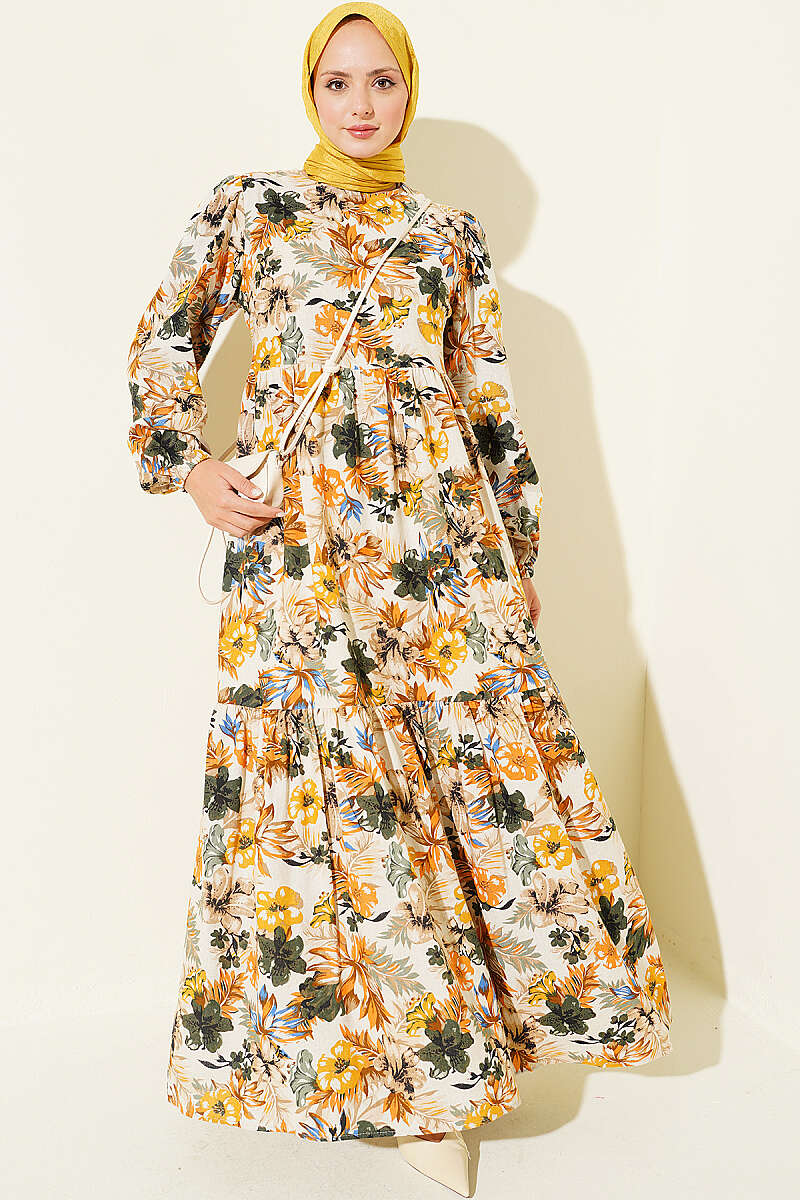 Linen Dress with Floral Detail - Mustard