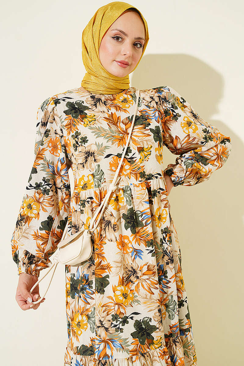 Linen Dress with Floral Detail - Mustard