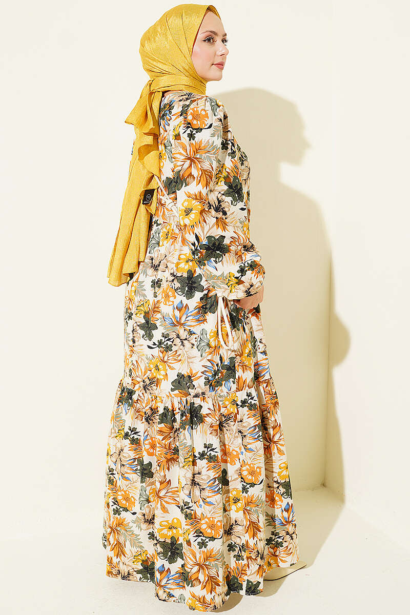 Linen Dress with Floral Detail - Mustard