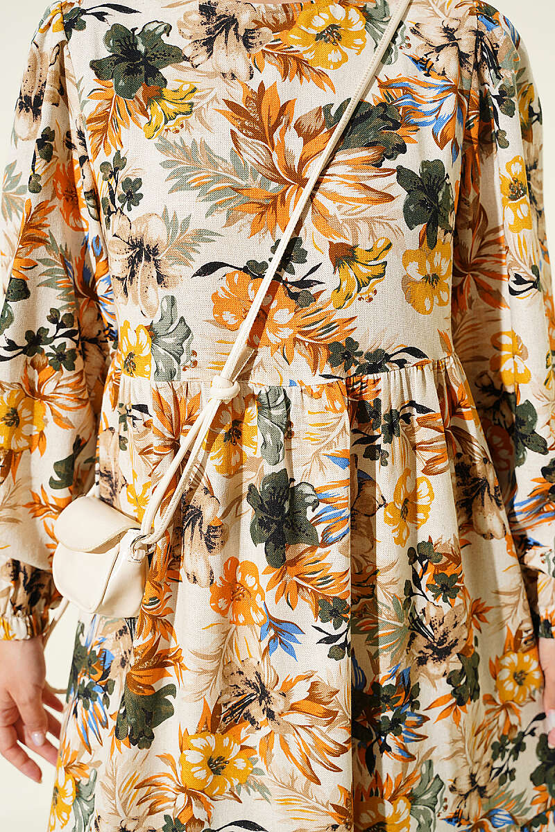 Linen Dress with Floral Detail - Mustard