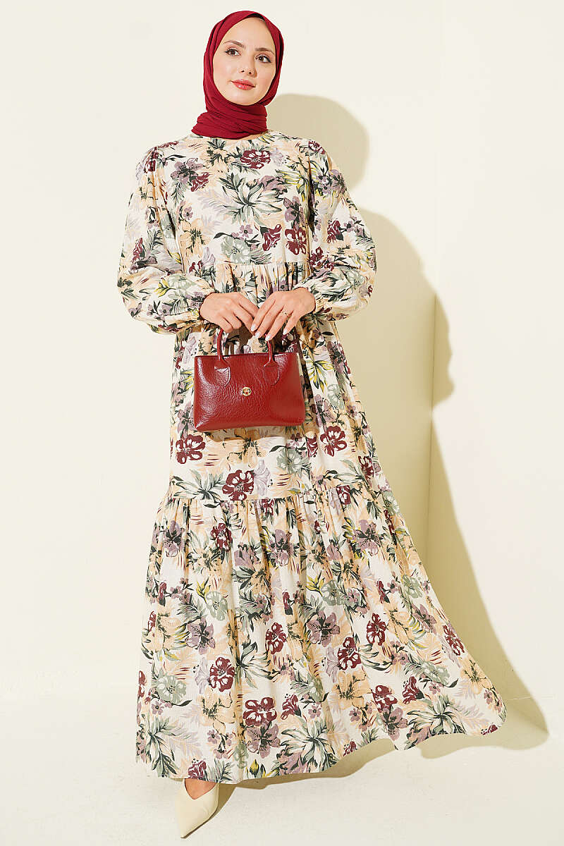 Linen Dress with Floral Detail - Plum