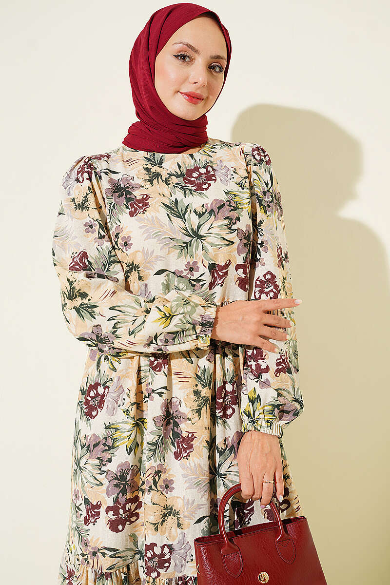 Linen Dress with Floral Detail - Plum