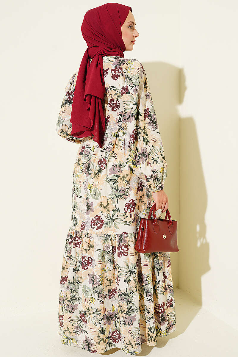 Linen Dress with Floral Detail - Plum