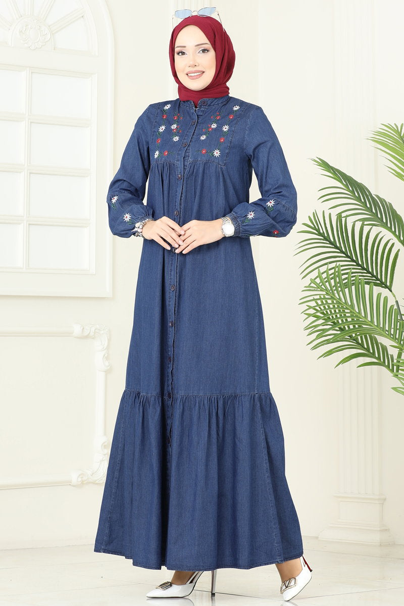 Flower-Detail Denim Dress - Dark Denim