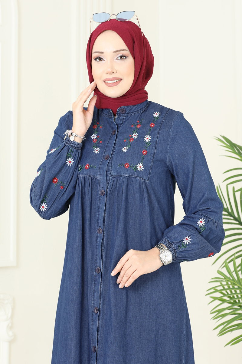 Flower-Detail Denim Dress - Dark Denim