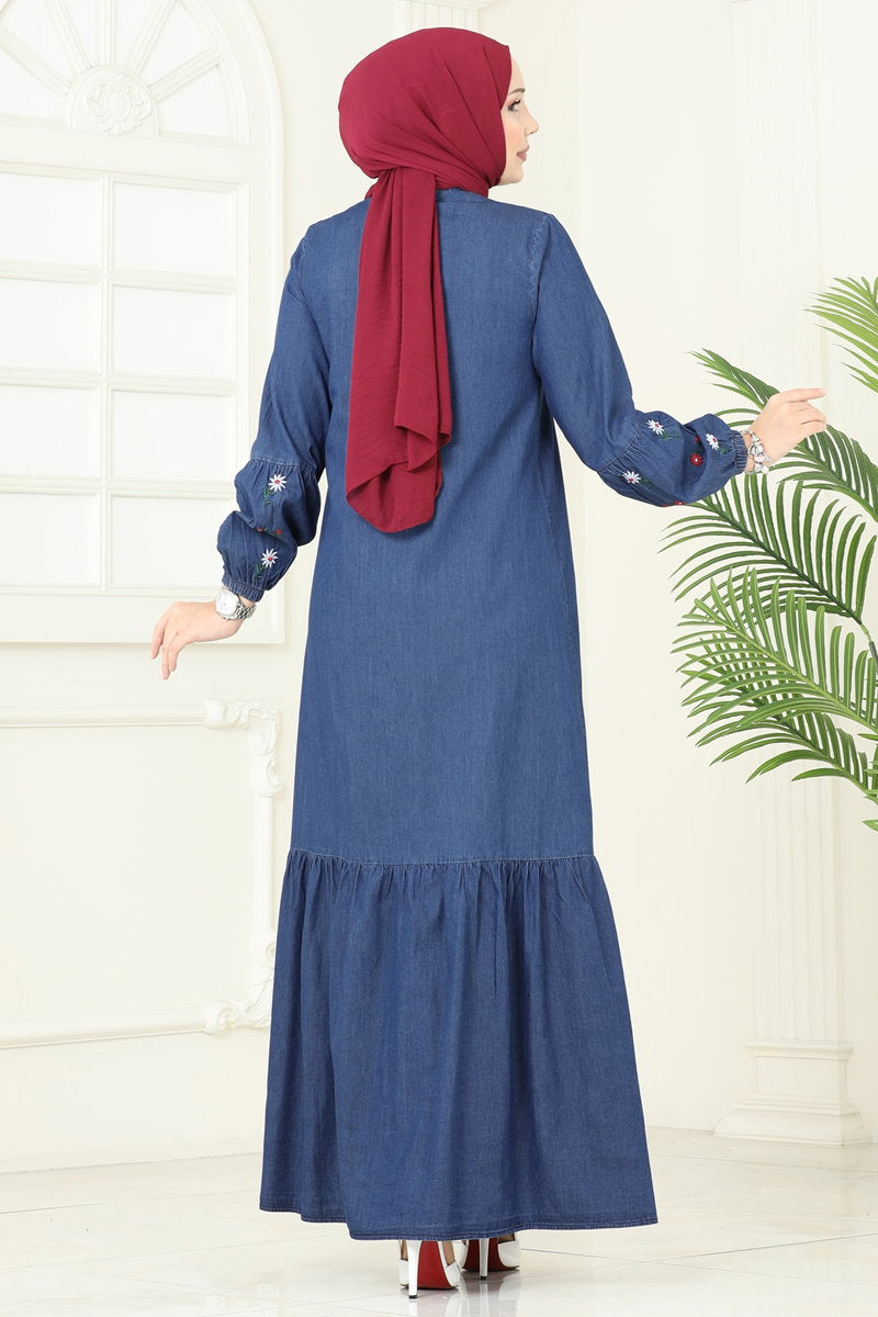 Flower-Detail Denim Dress - Dark Denim