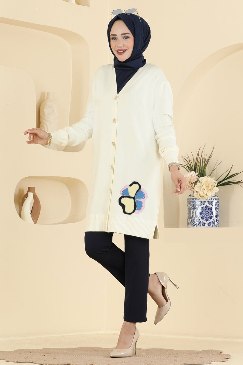 Flower-Detail Mercerised Knit Cardigan - Ecru