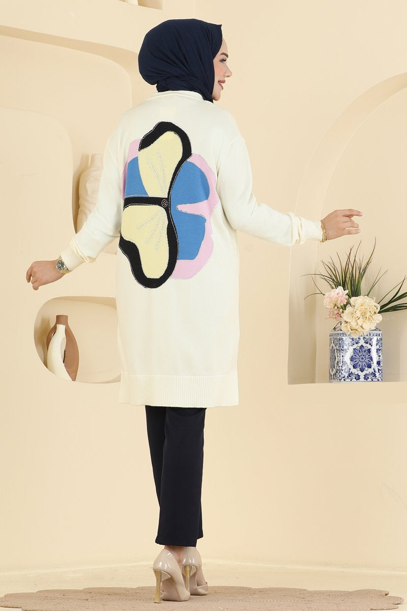 Flower-Detail Mercerised Knit Cardigan - Ecru