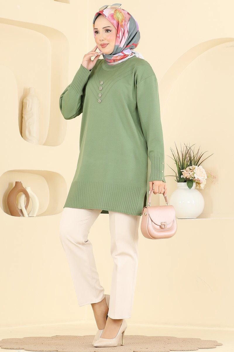 Flower-Detail Mercerised Tunic - Almond Green