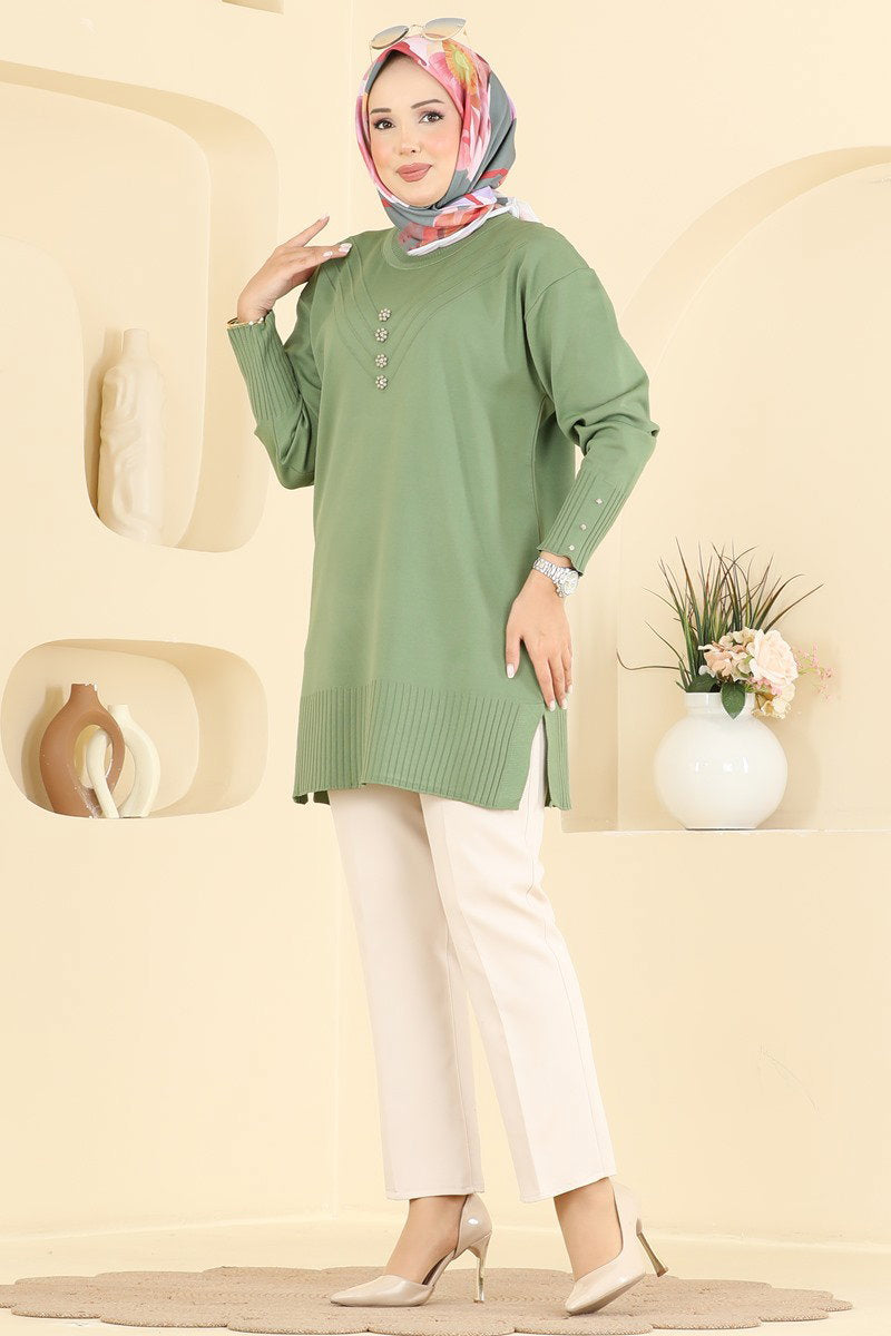 Flower-Detail Mercerised Tunic - Almond Green