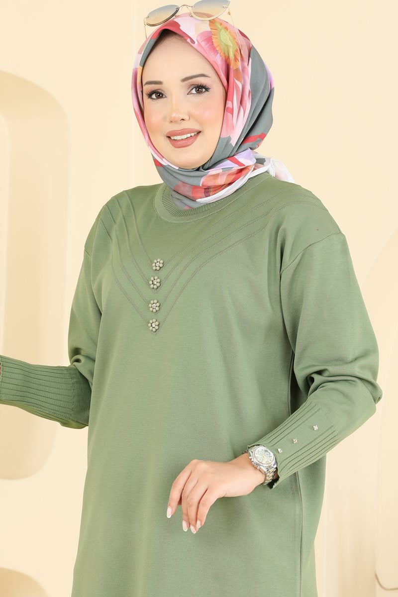 Flower-Detail Mercerised Tunic - Almond Green