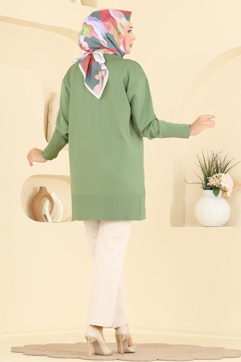 Flower-Detail Mercerised Tunic - Almond Green