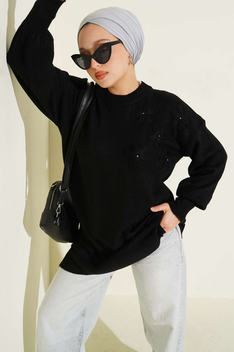 Soft Knit Tunic with Floral Detail - Black