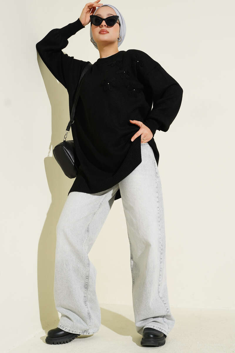 Soft Knit Tunic with Floral Detail - Black
