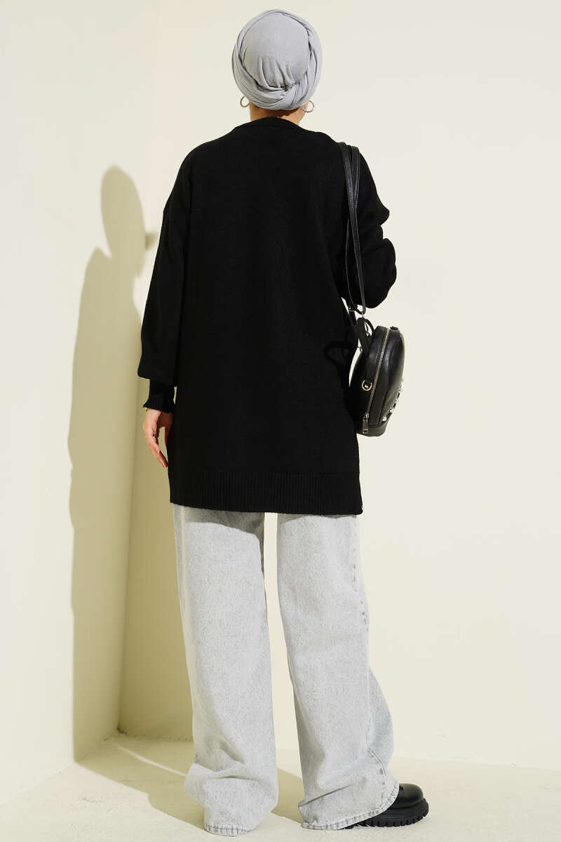Soft Knit Tunic with Floral Detail - Black