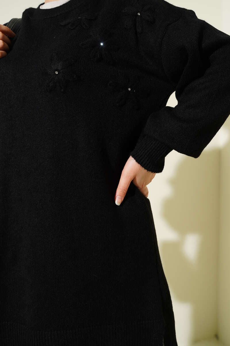 Soft Knit Tunic with Floral Detail - Black