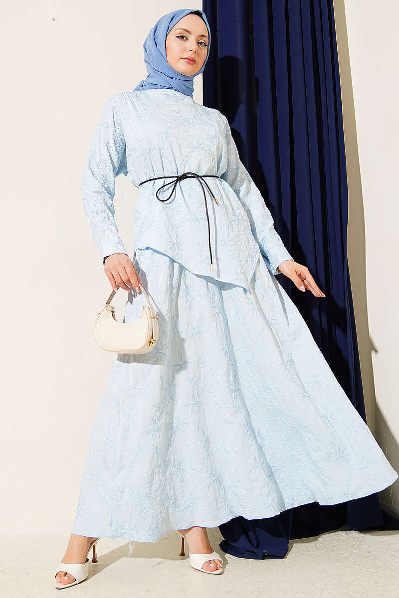 Skirt Set with Floral Stitching - Blue