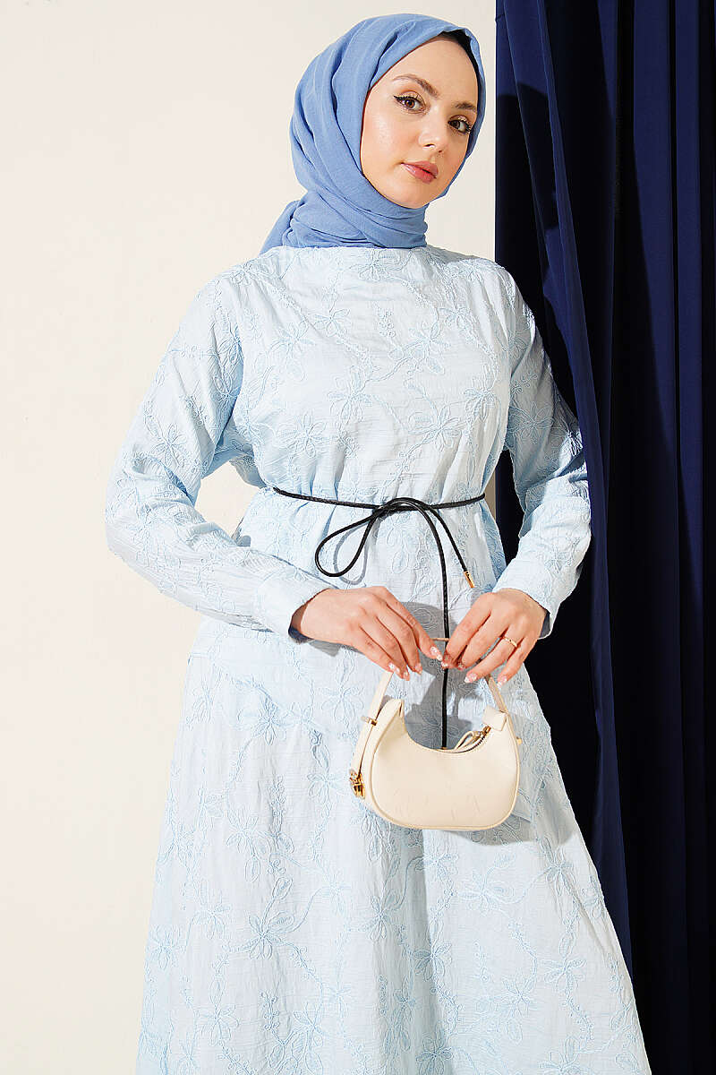 Skirt Set with Floral Stitching - Blue