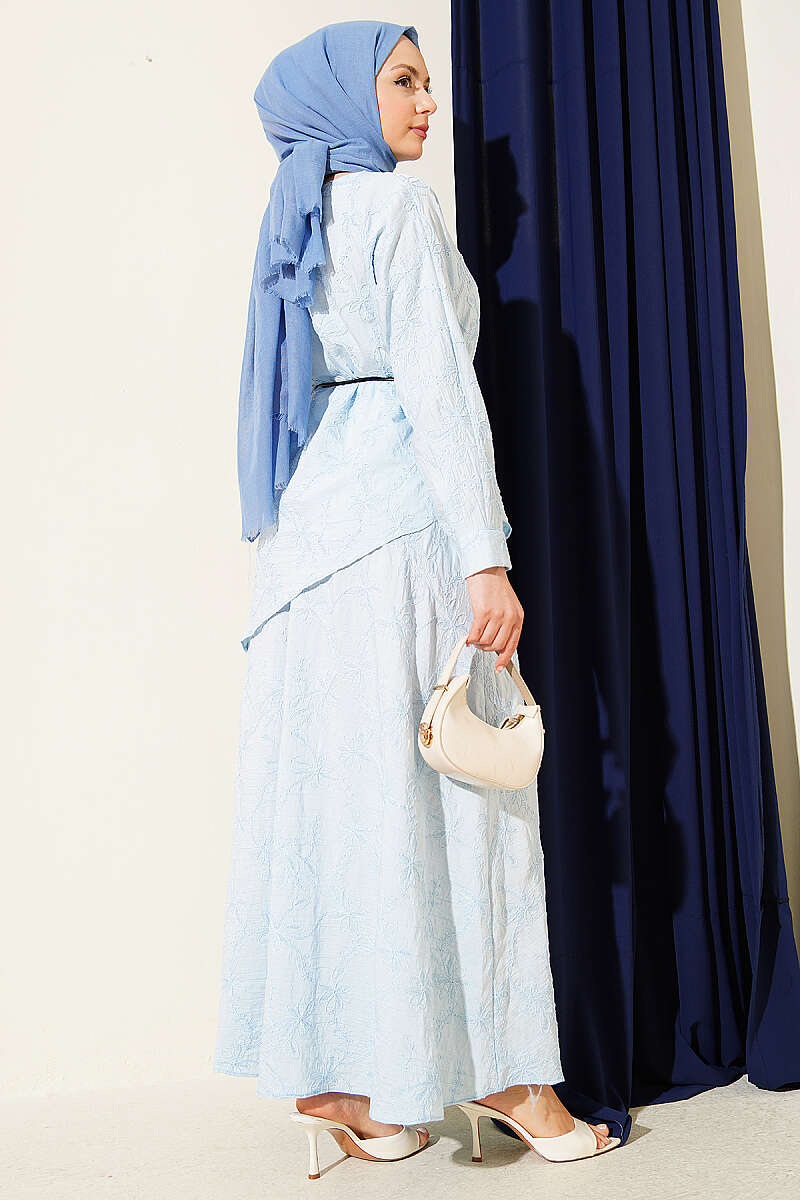 Skirt Set with Floral Stitching - Blue