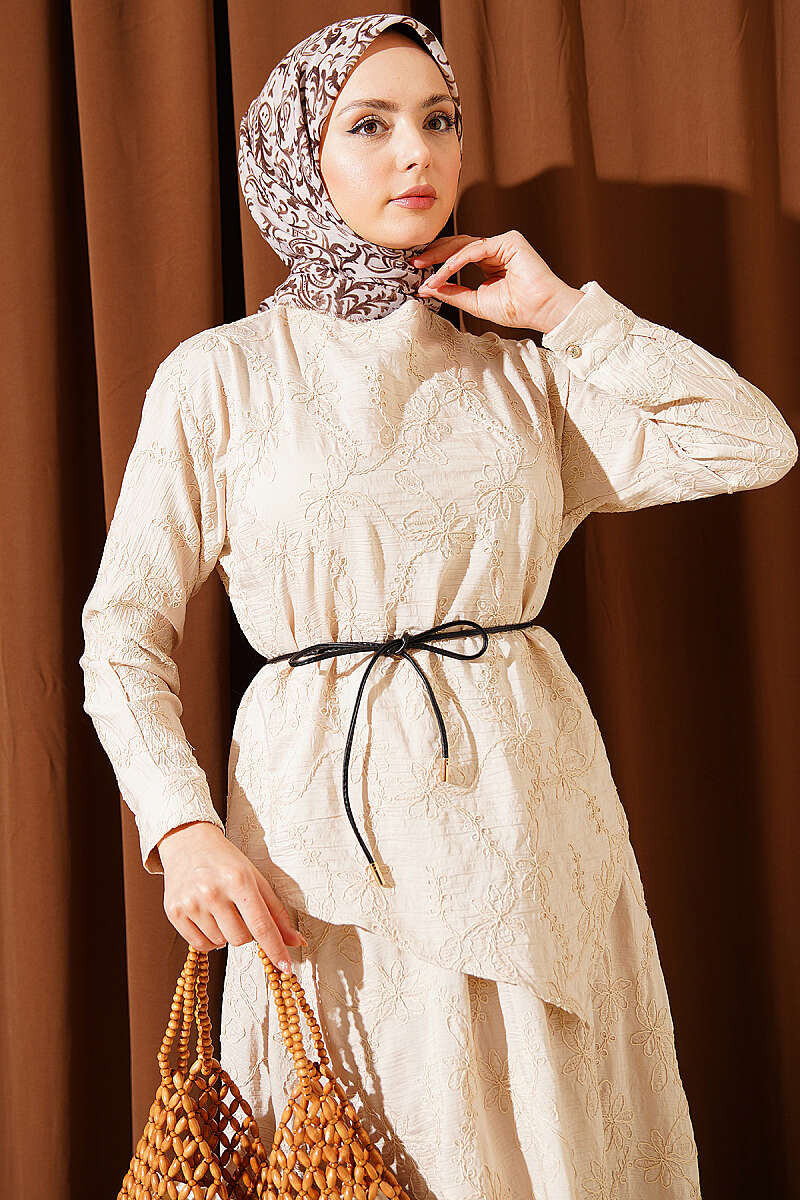 Skirt Set with Floral Stitching - Stone