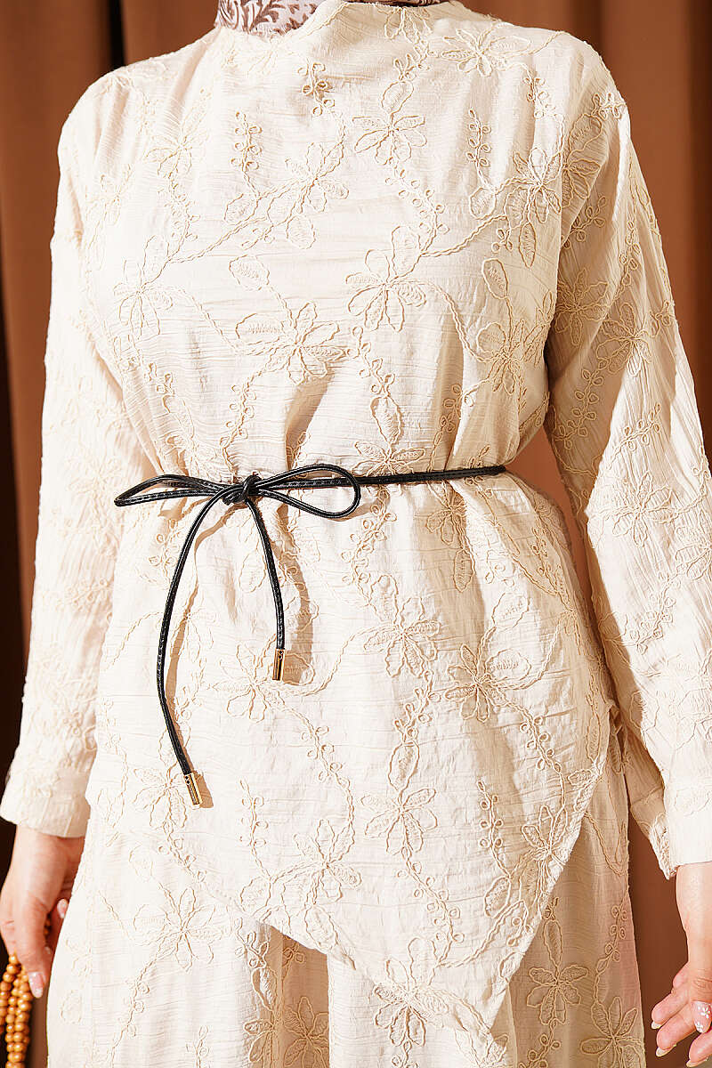 Skirt Set with Floral Stitching - Stone