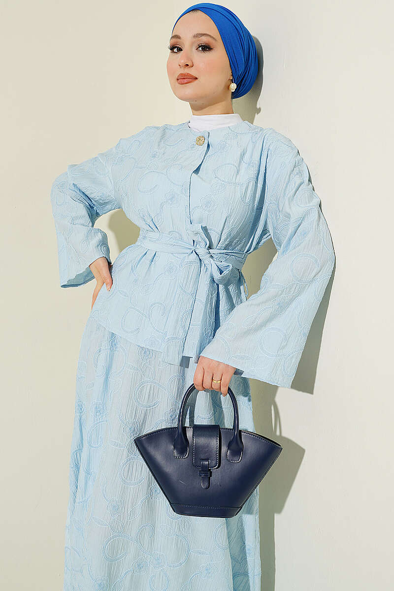Belted Skirt Set with Floral Stitching - Light Blue