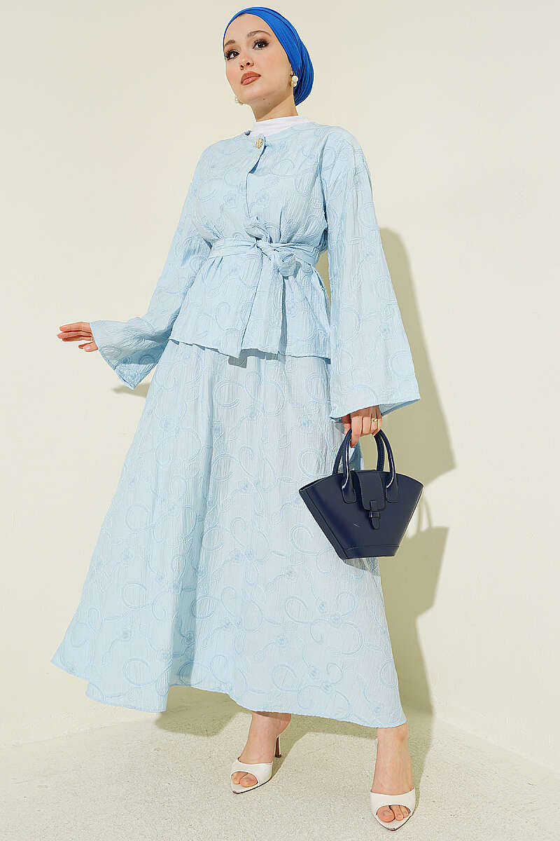 Belted Skirt Set with Floral Stitching - Light Blue