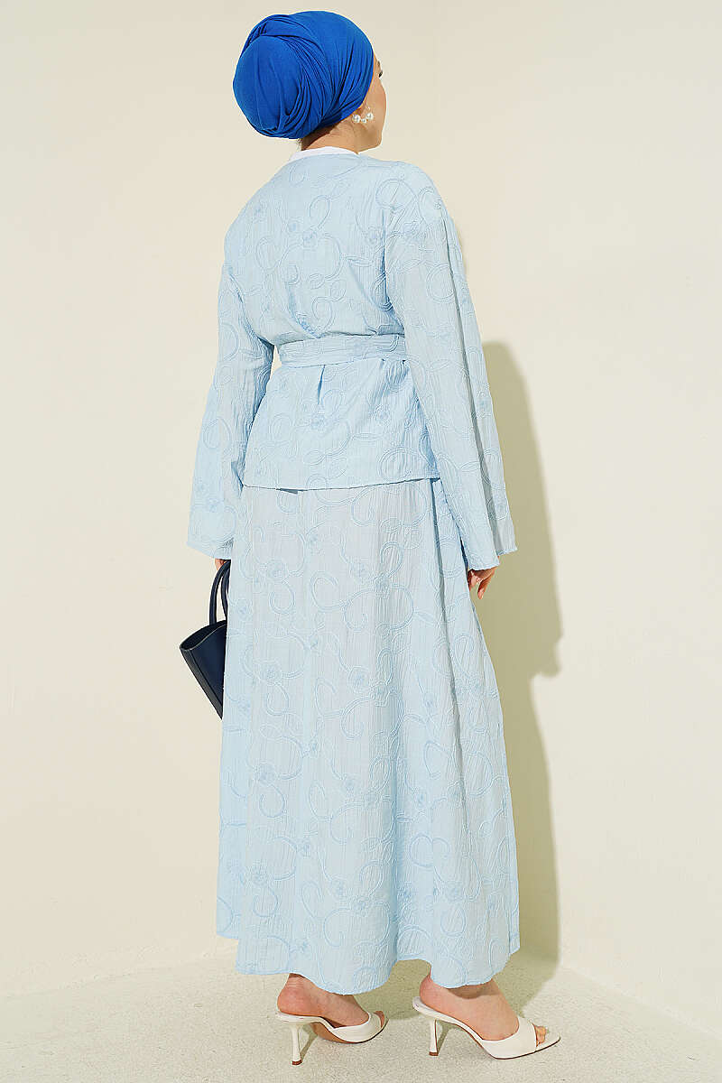 Belted Skirt Set with Floral Stitching - Light Blue