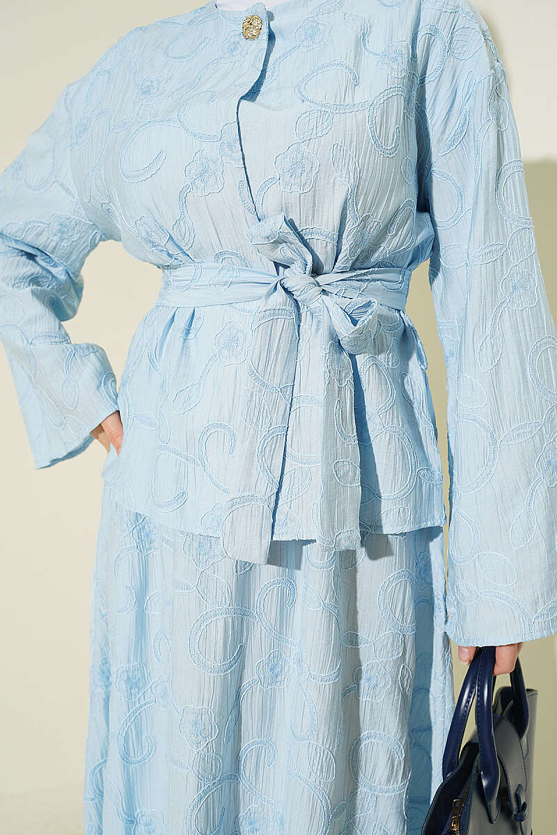 Belted Skirt Set with Floral Stitching - Light Blue