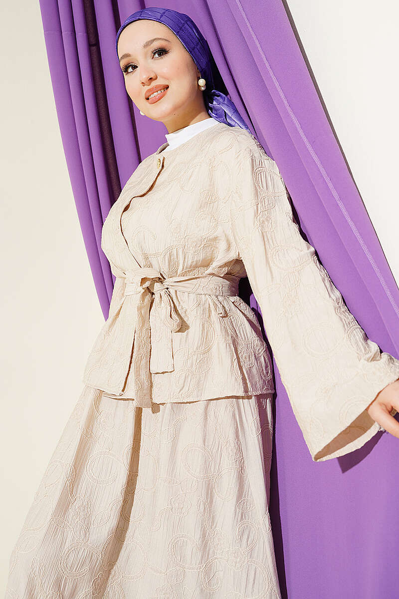 Belted Skirt Set with Floral Stitching - Beige