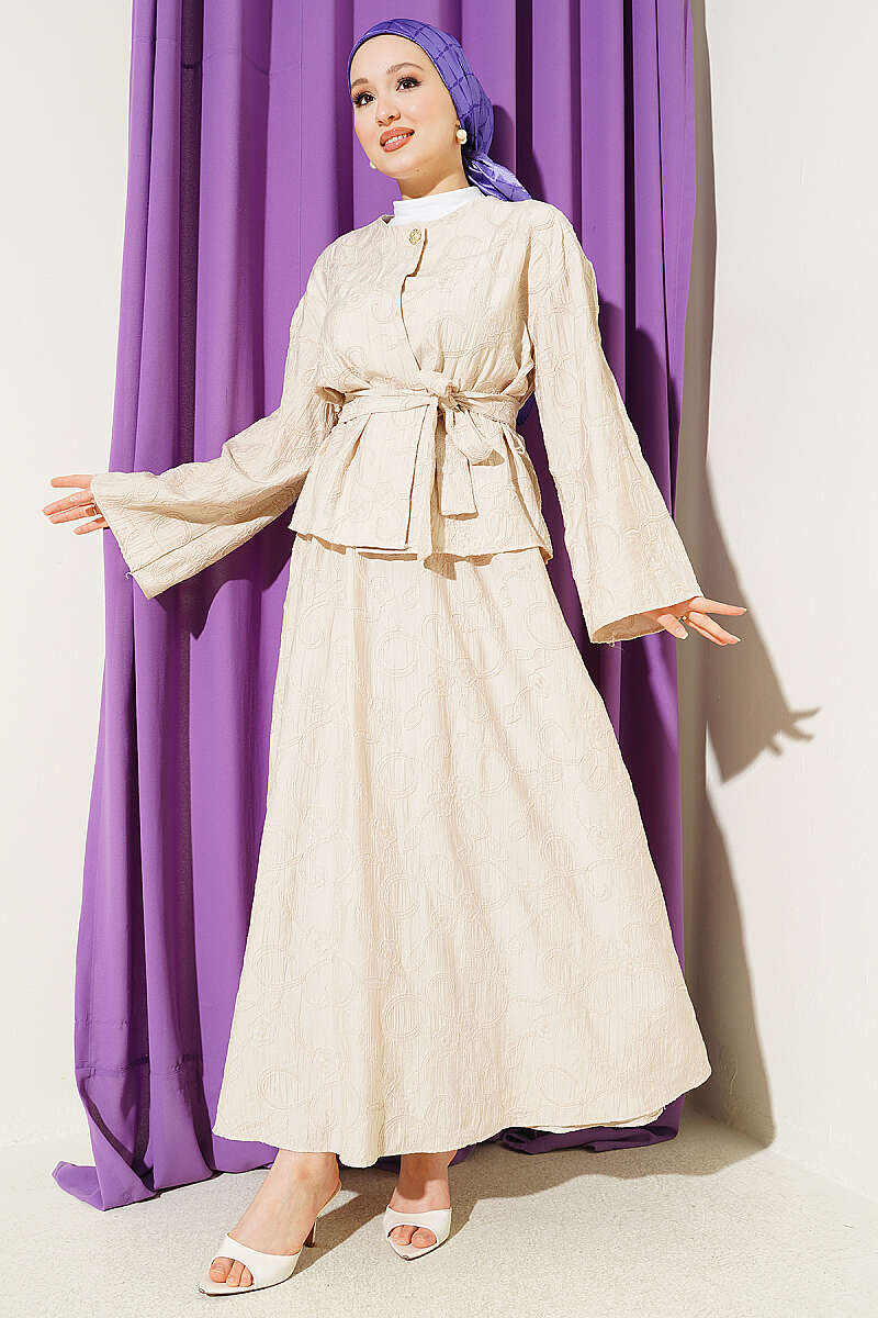 Belted Skirt Set with Floral Stitching - Beige