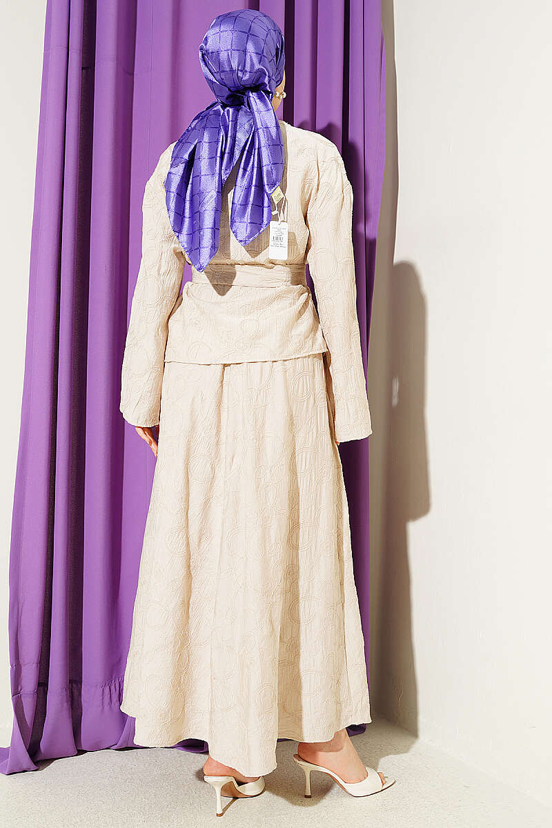 Belted Skirt Set with Floral Stitching - Beige