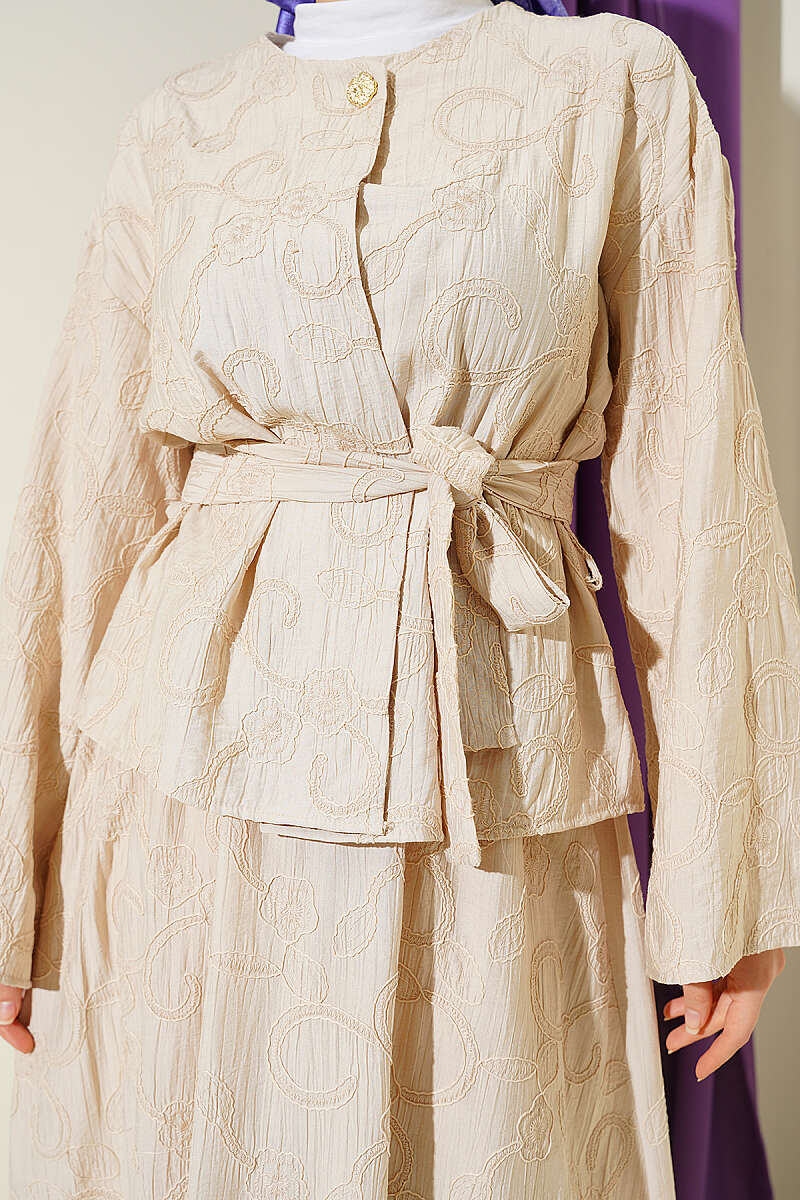 Belted Skirt Set with Floral Stitching - Beige