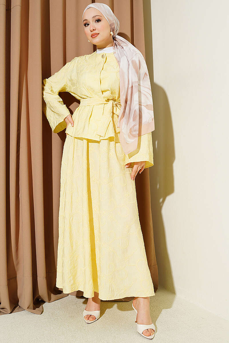 Belted Skirt Set with Floral Stitching - Yellow